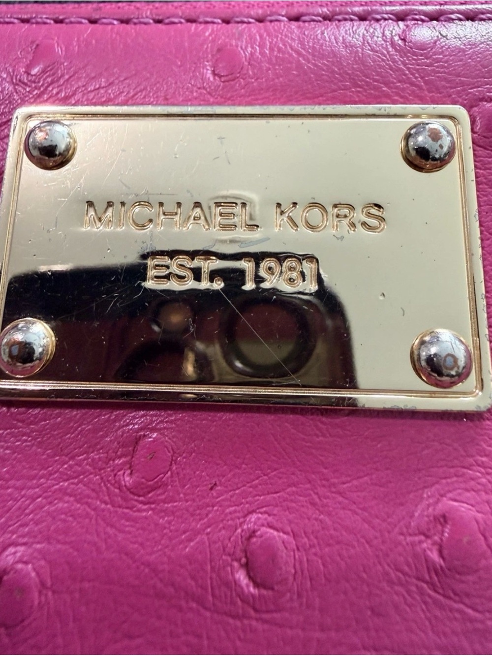 Michael Kors Hot Pink Bedford Ostrich Embossed Zip Wallet with Gold Plaque - Picture 6 of 9